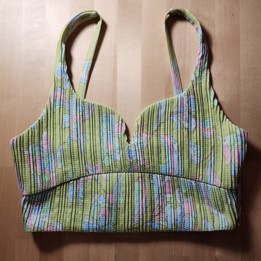 Zara Lime Floral Notch V-Neck Pleated Crop Top S Small